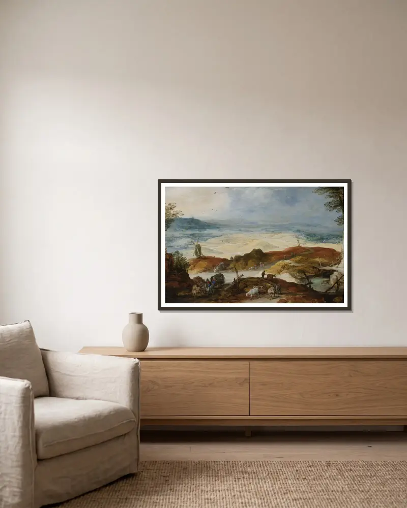 Sandy landscape with travellers and cattle av Joos de Momper inramad på en vägg