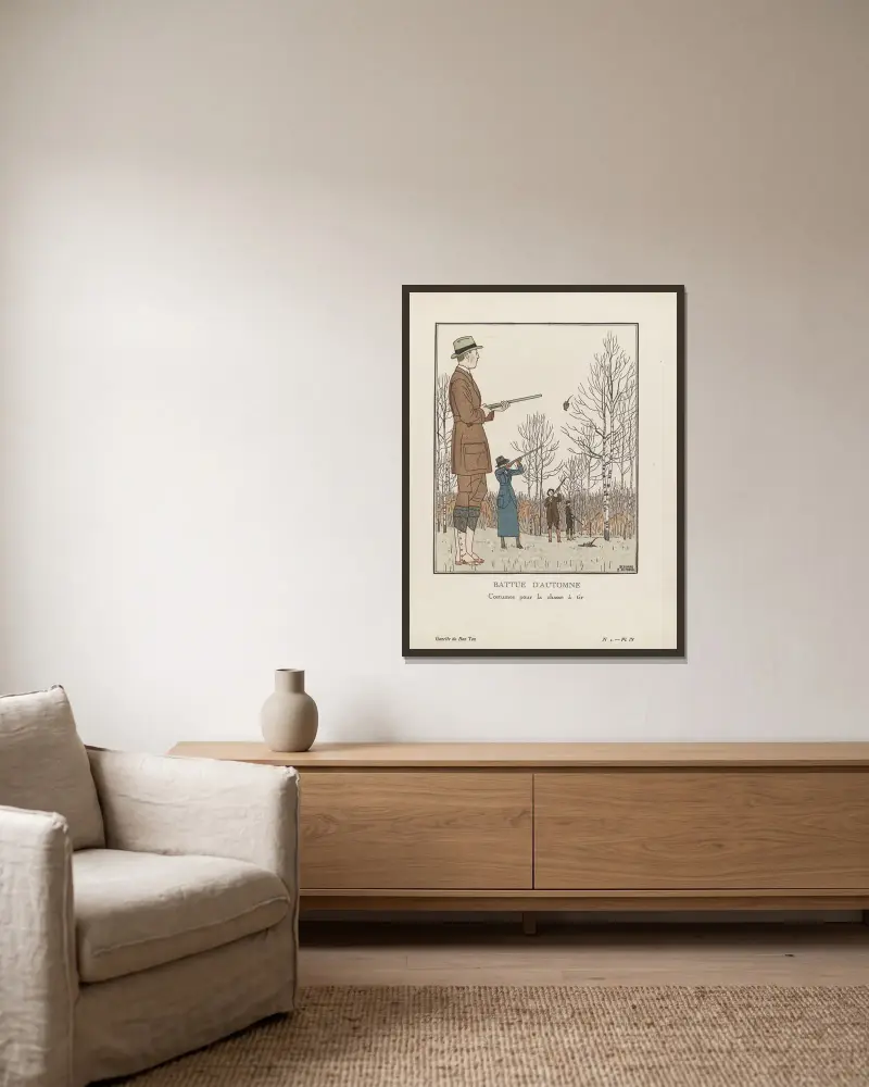 Herbstjagd von Bernard Boutet de Monvel gerahmt an einer Wand