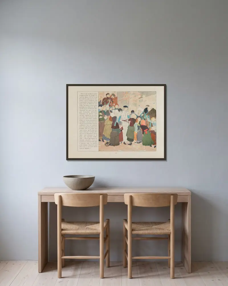 Jeanne d’Arc, Tafel 29 von Louis Maurice Boutet de Monvel gerahmt an einer Wand
