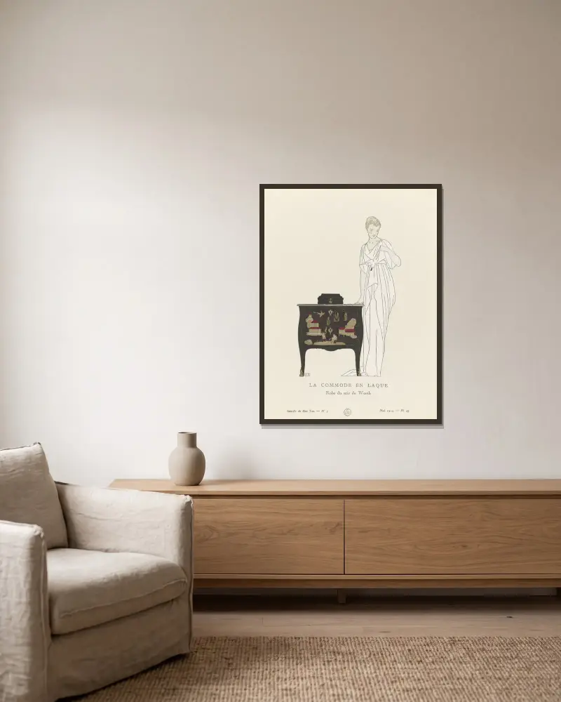 La Commode en Laque. Robe du soir de Worth, 1914 – nr 1 av Bernard Boutet de Monvel inramad på en vägg
