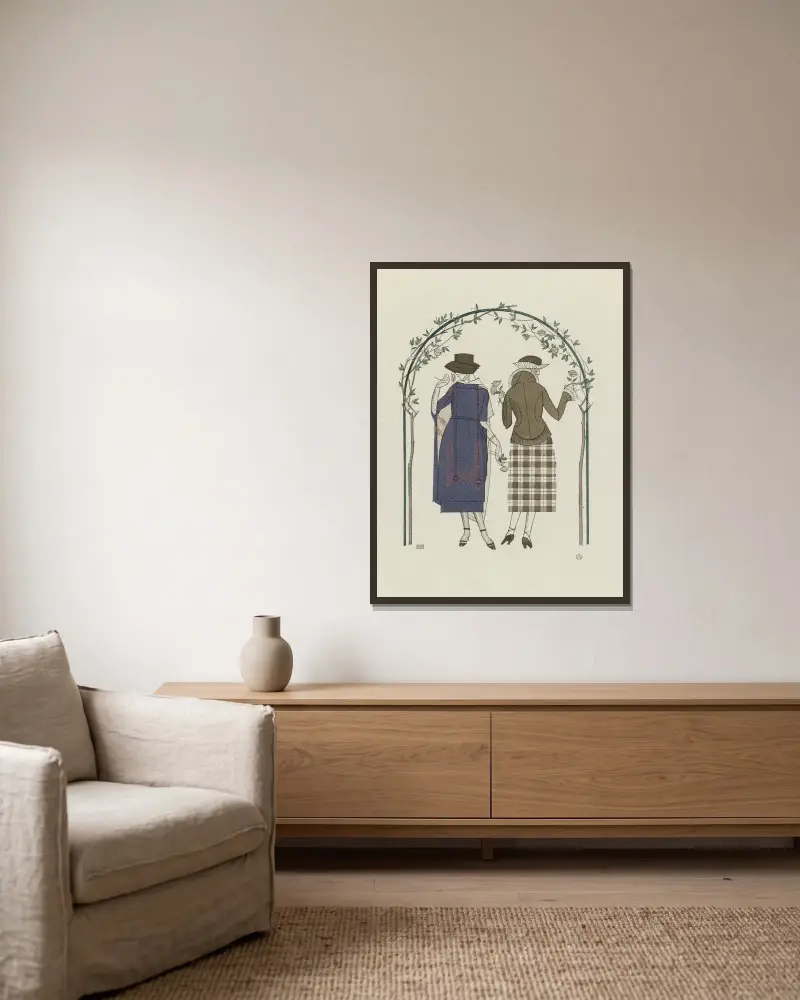Les premières roses ; Tailleur et robe d’après-midi, de Worth, 1920 – nr 2 av Bernard Boutet de Monvel inramad på en vägg