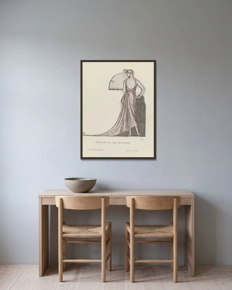 Ein Abendkleid von Worth, 1920 – Nr. 1 von Bernard Boutet de Monvel gerahmt an einer Wand
