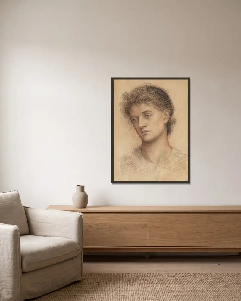 Porträtt av ett kvinnohuvud av Evelyn De Morgan inramad på en vägg