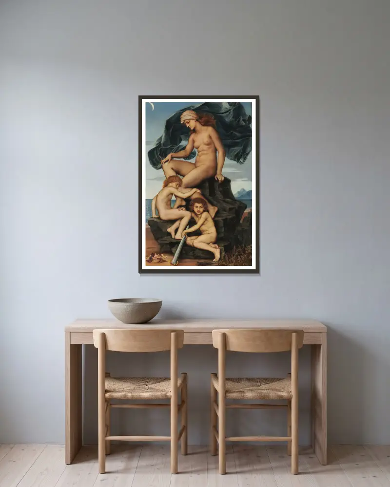 Sömnen och döden, nattens barn av Evelyn De Morgan inramad på en vägg