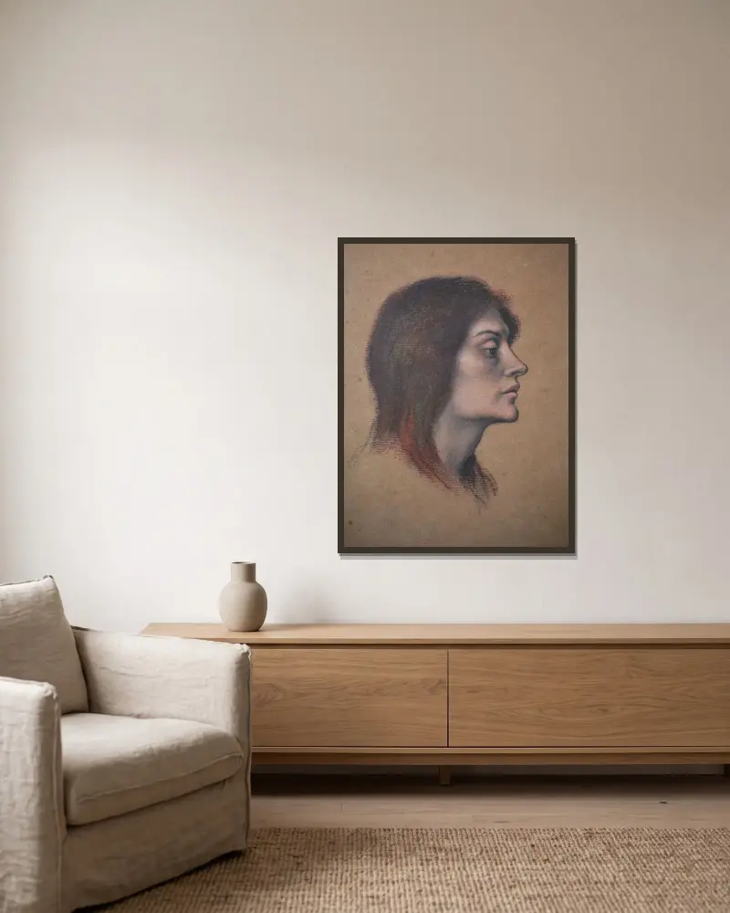 Studie av kvinnohuvud för Kärleksdrycken av Evelyn De Morgan inramad på en vägg