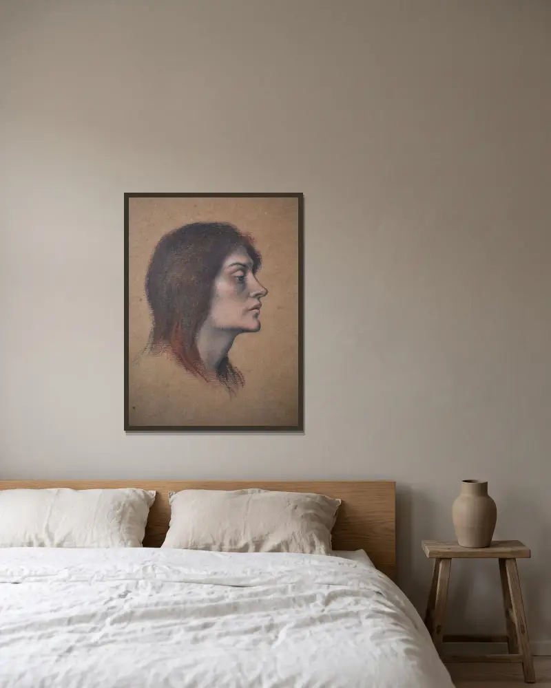 Studie av kvinnohuvud för Kärleksdrycken av Evelyn De Morgan inramad på en vägg