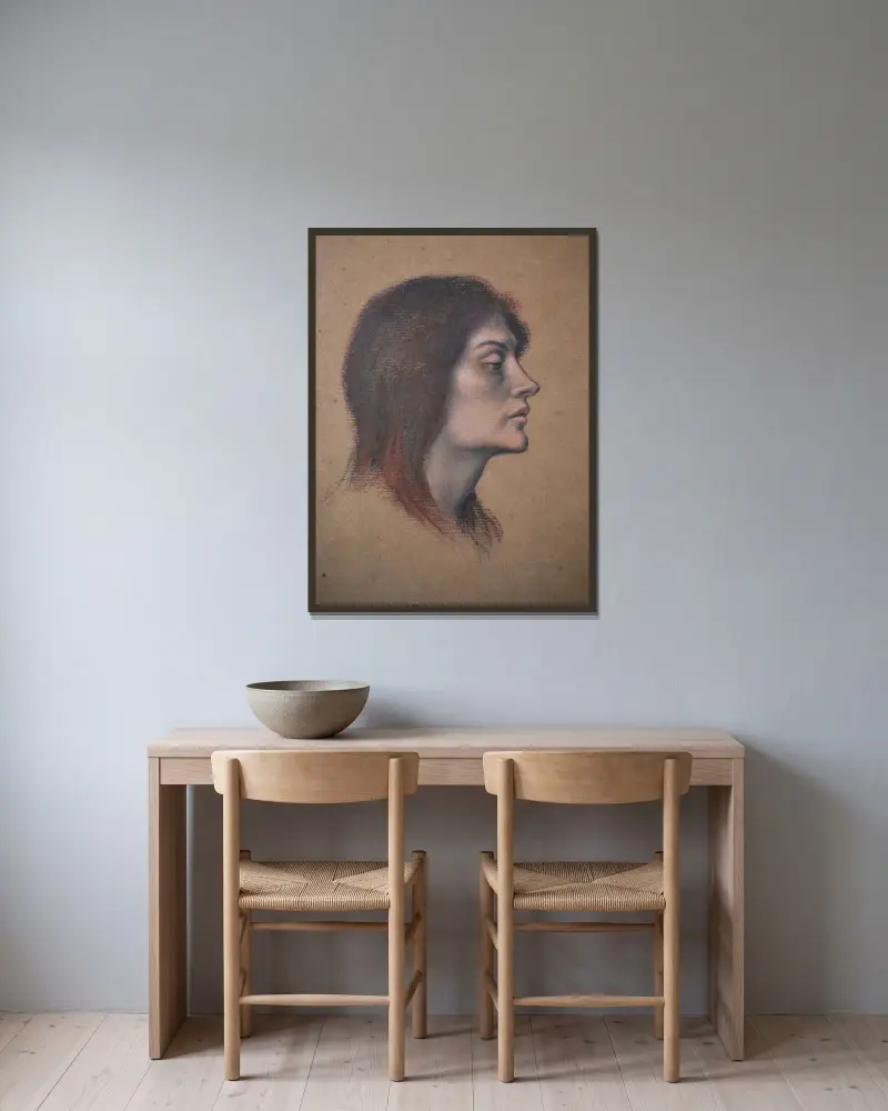 Studie av kvinnohuvud för Kärleksdrycken av Evelyn De Morgan inramad på en vägg