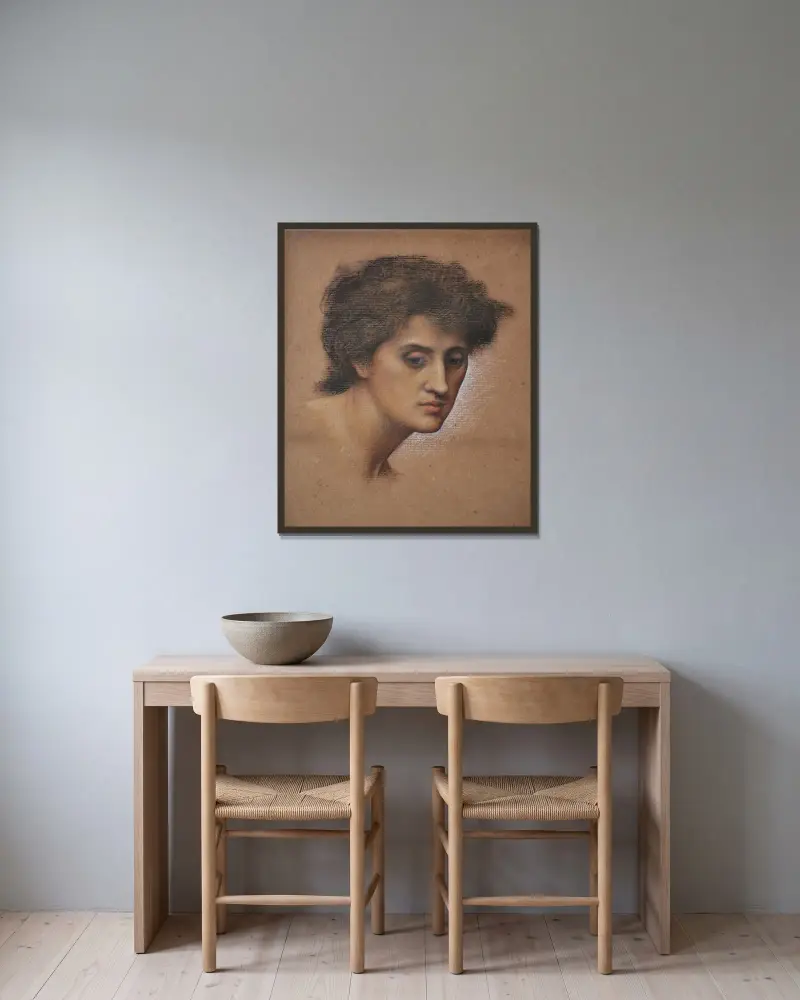 Studie eines Frauenkopfes für Die Kadenz des Herbstes von Evelyn De Morgan gerahmt an einer Wand