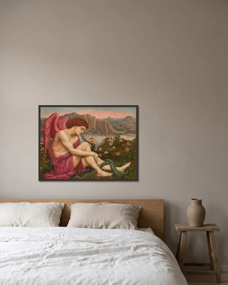 Der Engel mit der Schlange von Evelyn De Morgan gerahmt an einer Wand