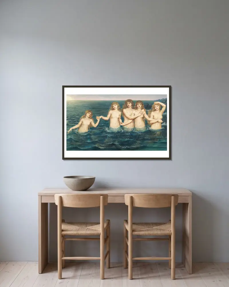 Die Meerjungfrauen von Evelyn De Morgan gerahmt an einer Wand