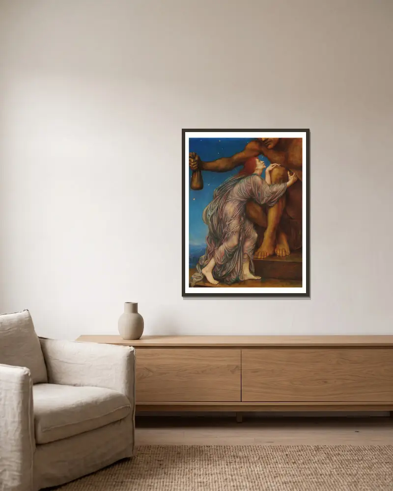 The worship of Mammon av Evelyn De Morgan inramad på en vägg