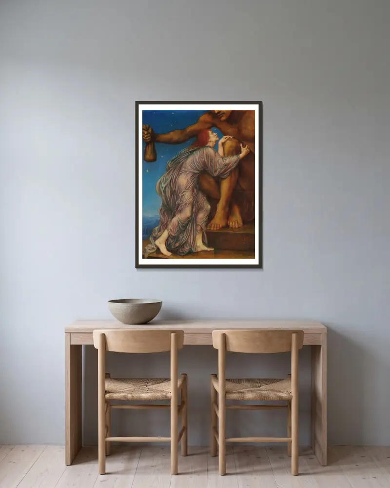 The worship of Mammon av Evelyn De Morgan inramad på en vägg