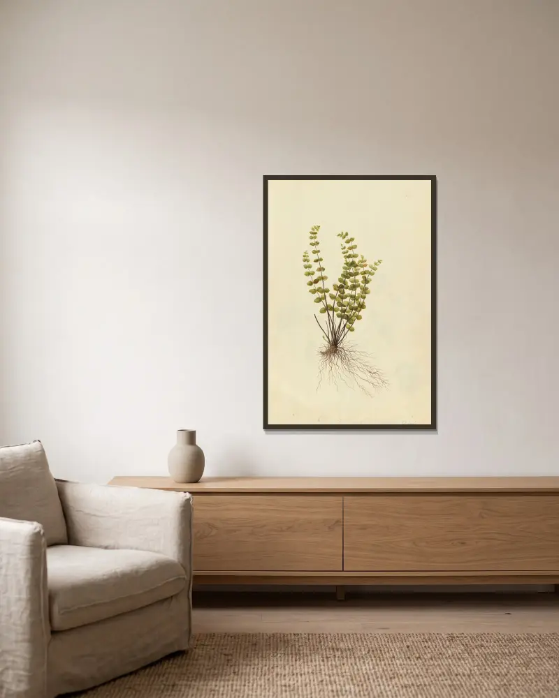 Asplenium trichomanes. Maidenhair fern av Jacques Le Moyne de Morgues inramad på en vägg