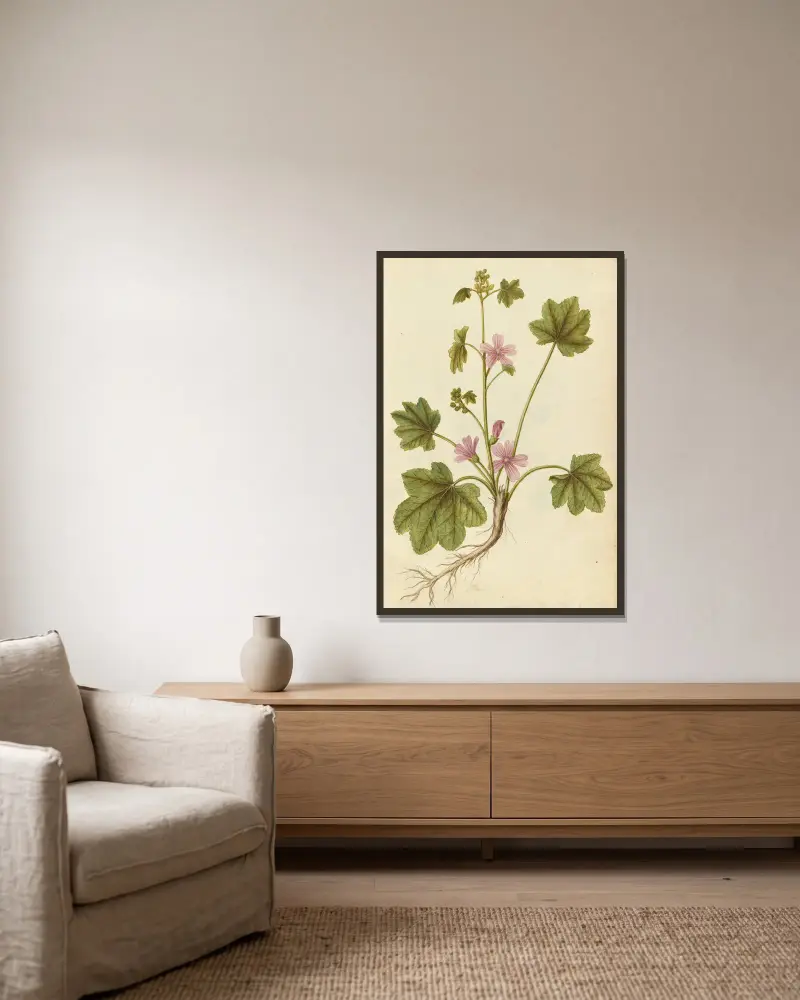 Malva sylvestris. Common mallow av Jacques Le Moyne de Morgues inramad på en vägg