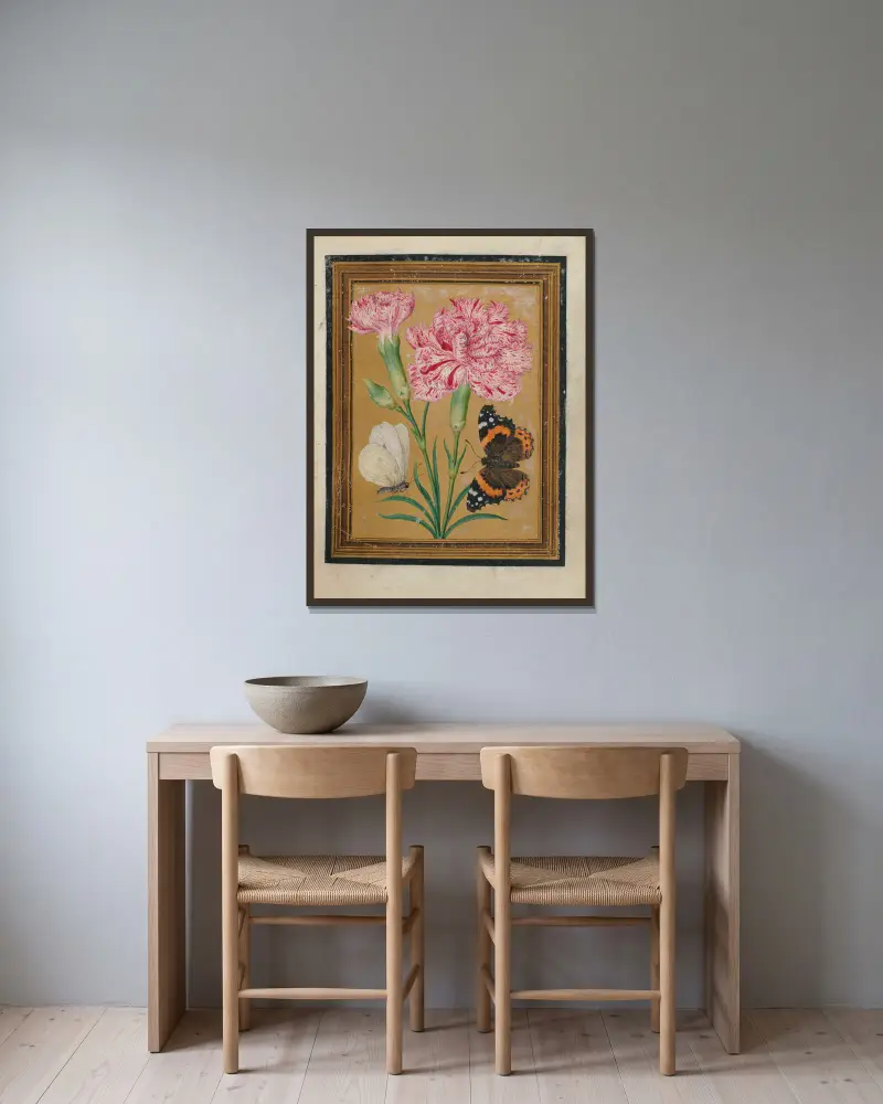 Paintings of Flowers, Butterflies, and Insects Pl.5 av Jacques Le Moyne de Morgues inramad på en vägg