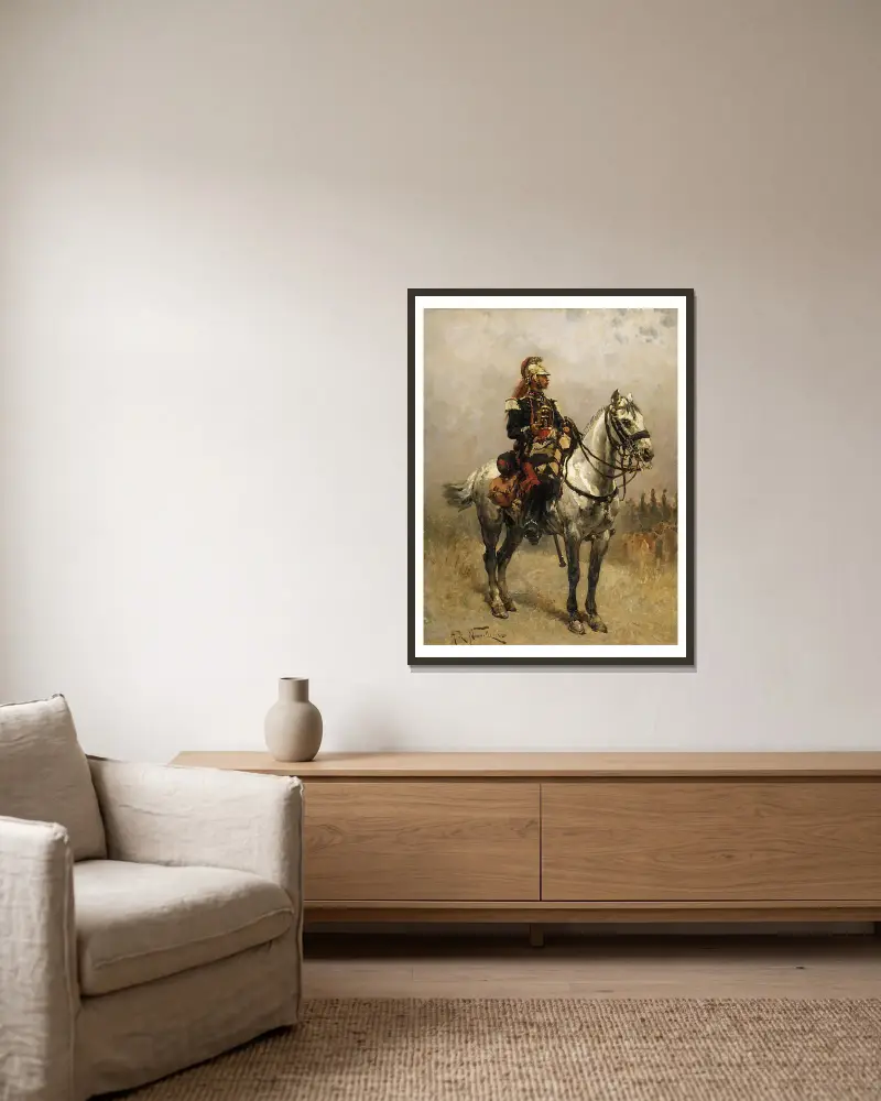 Ein Kavallerist von Alphonse Marie de Neuville gerahmt an einer Wand