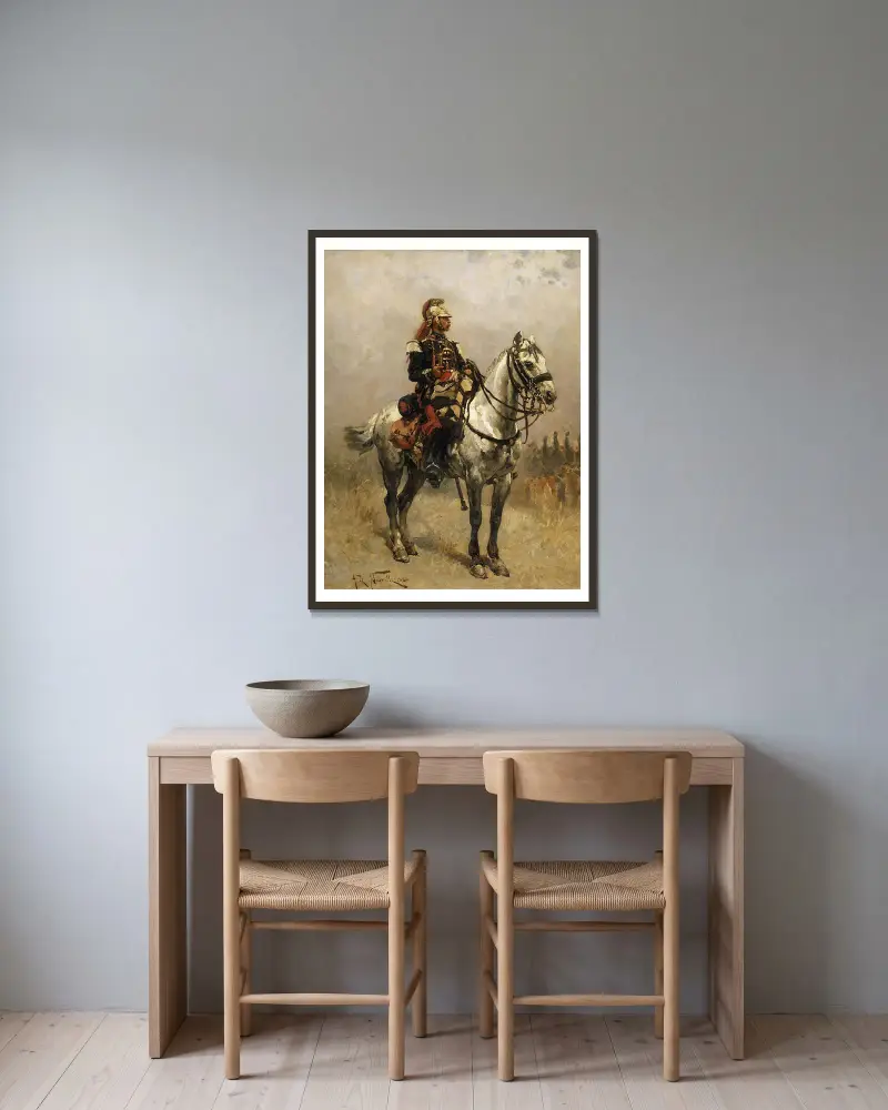 Ein Kavallerist von Alphonse Marie de Neuville gerahmt an einer Wand