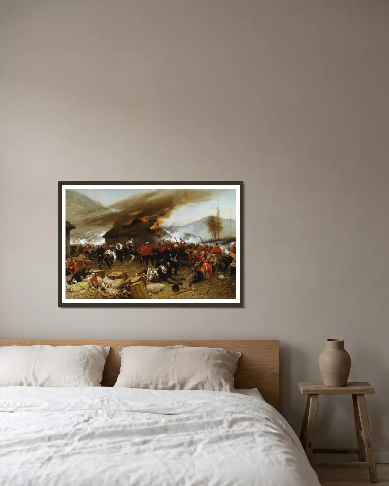 The defence of Rorke’s Drift 1879 av Alphonse Marie de Neuville inramad på en vägg