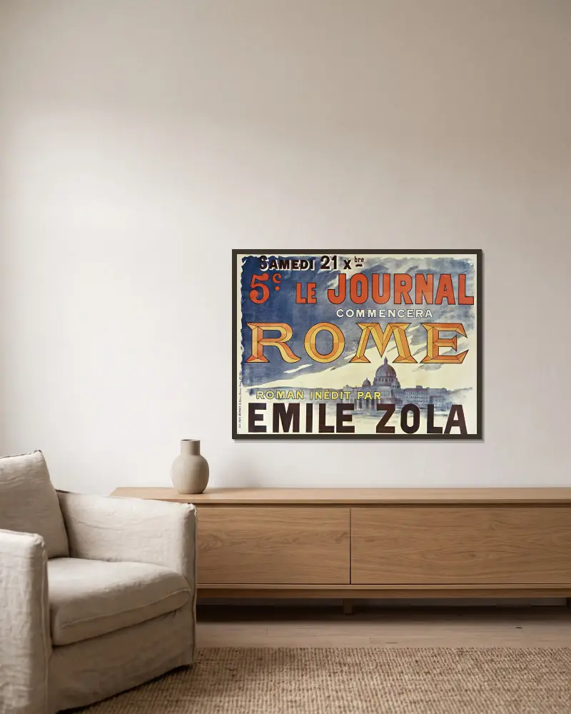 Samedi 21 Xbre [décembre] Le Journal commencera Rome, roman inédit par Emile Zola av Pal (Jean de Paleologue) inramad på en vägg
