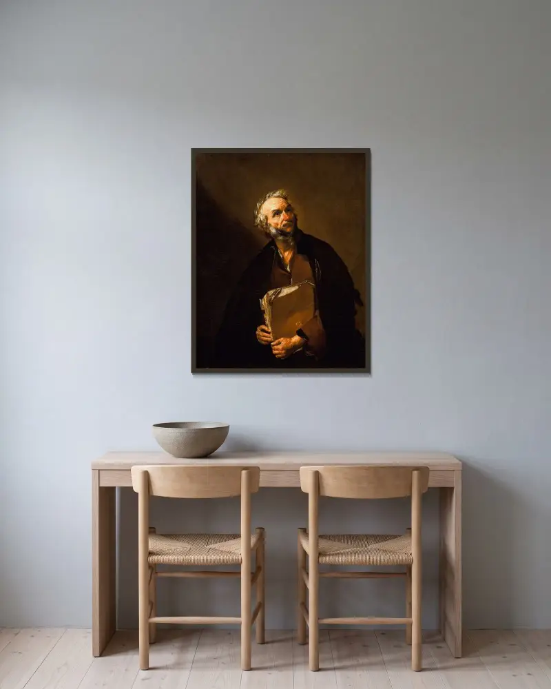 En filosof av Jusepe de Ribera inramad på en vägg
