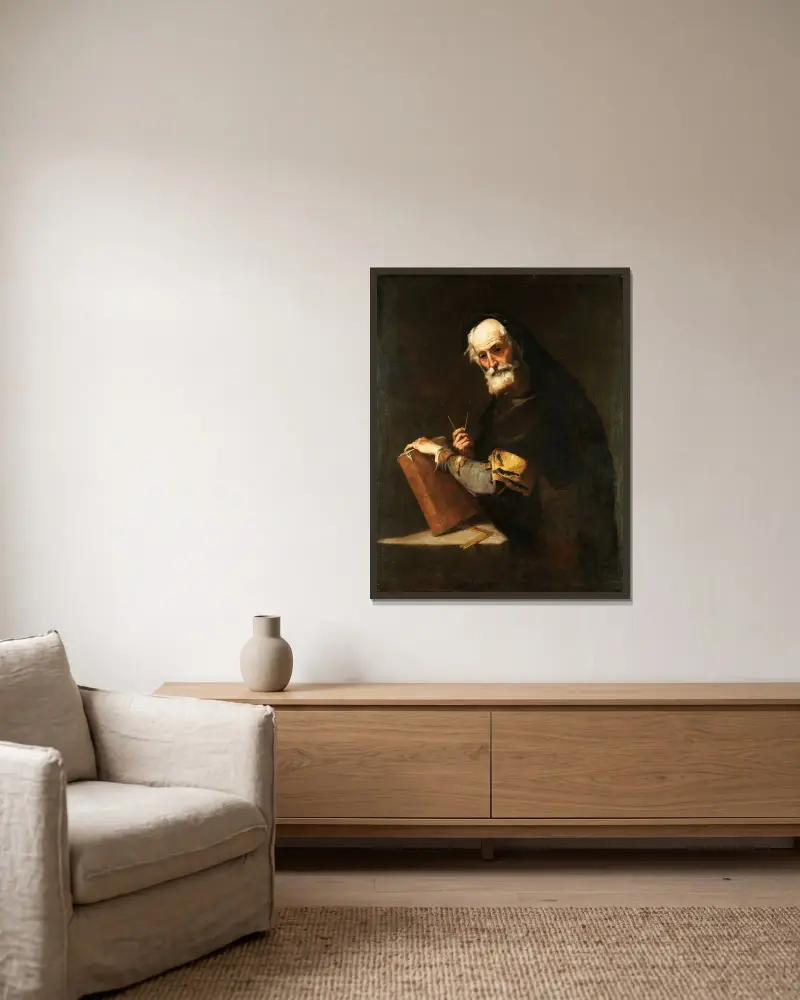 En filosof, förmodligen Arkimedes av Jusepe de Ribera inramad på en vägg