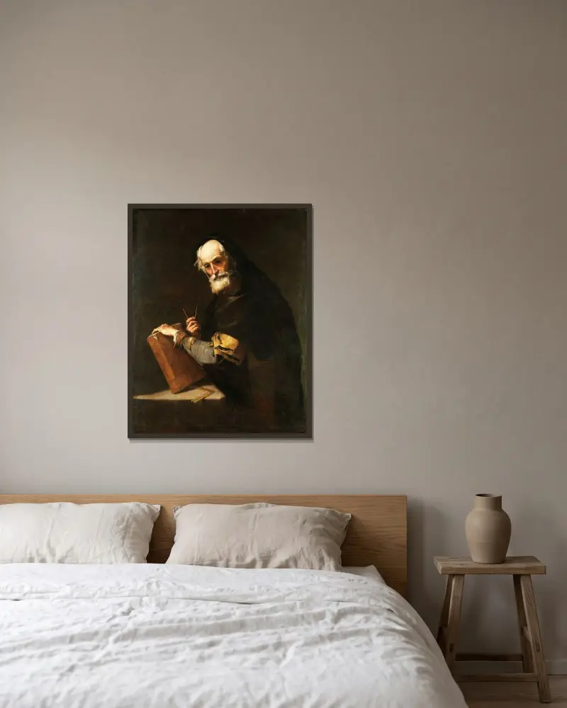 En filosof, förmodligen Arkimedes av Jusepe de Ribera inramad på en vägg