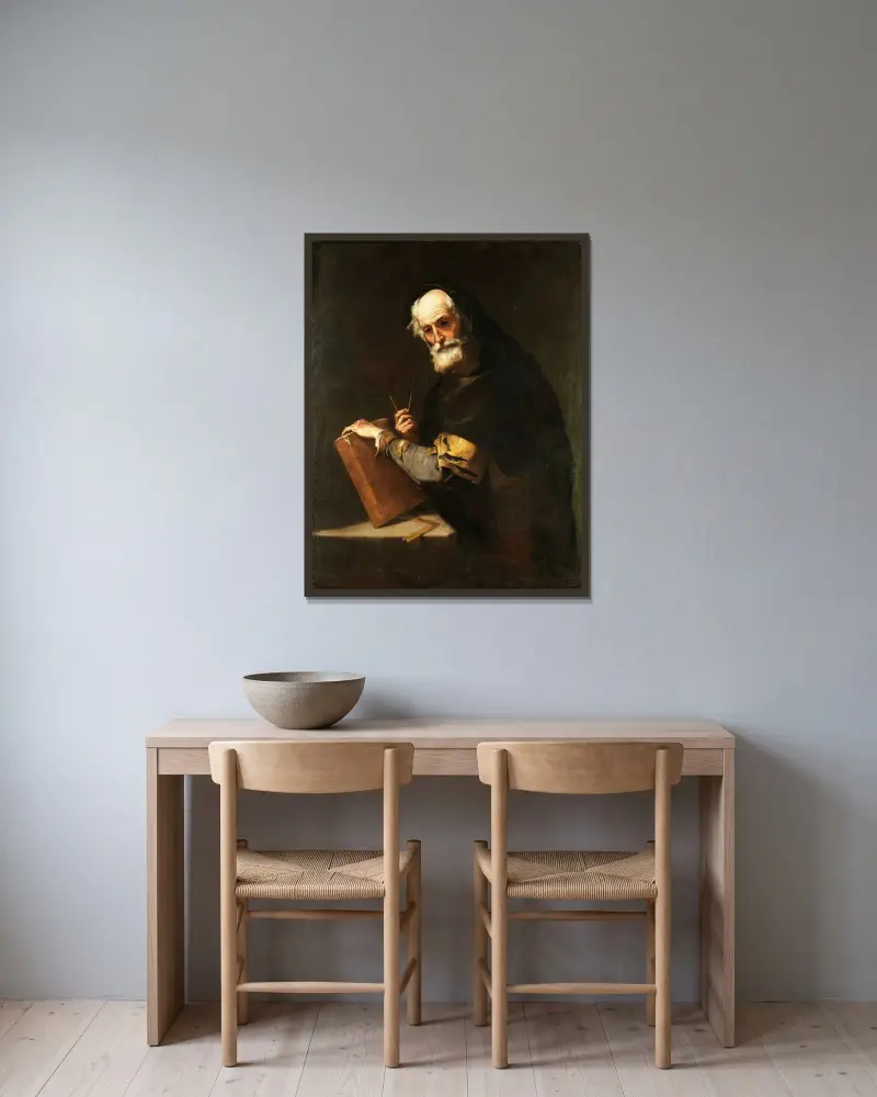 En filosof, förmodligen Arkimedes av Jusepe de Ribera inramad på en vägg