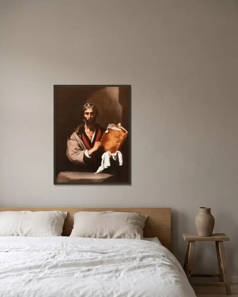 En filosof av Jusepe de Ribera inramad på en vägg