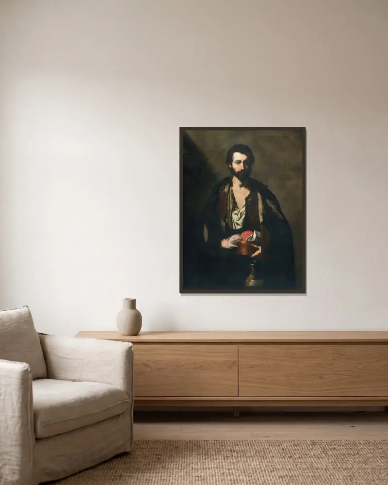 Filosof s vinnou lahví, Jusepe de Ribera v rámu na stěně