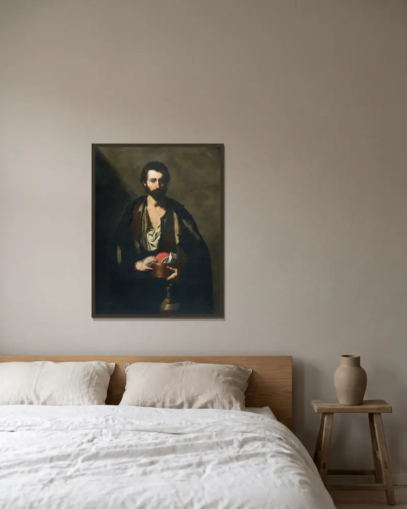 Filosof s vinnou lahví, Jusepe de Ribera v rámu na stěně