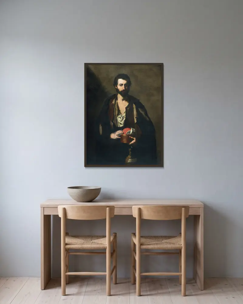Filosof s vinnou lahví, Jusepe de Ribera v rámu na stěně