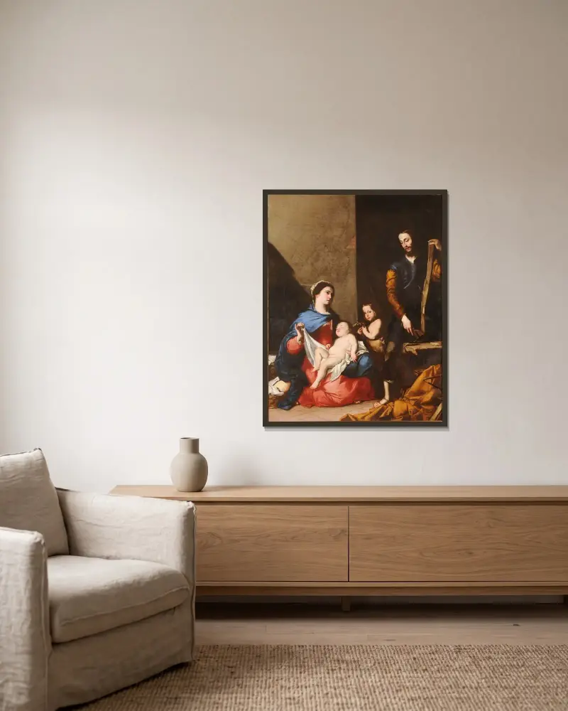 Den heliga familjen av Jusepe de Ribera inramad på en vägg