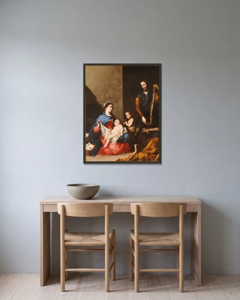 Den heliga familjen av Jusepe de Ribera inramad på en vägg