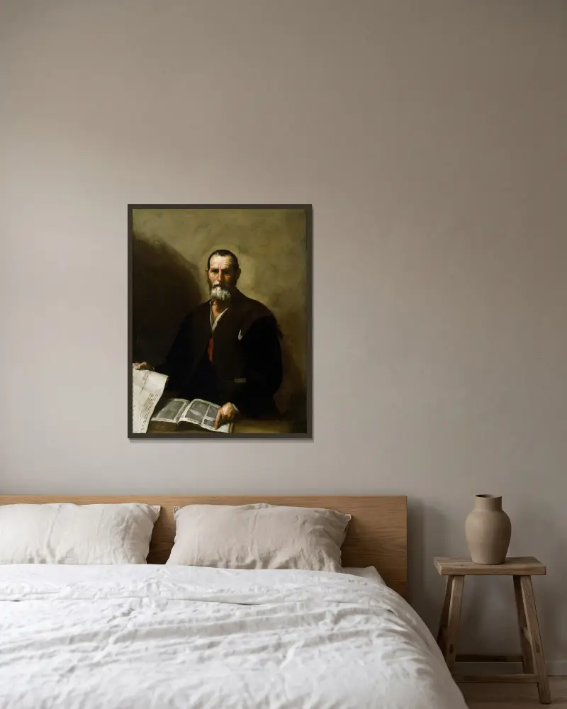 Philosopher Crates av Jusepe de Ribera inramad på en vägg