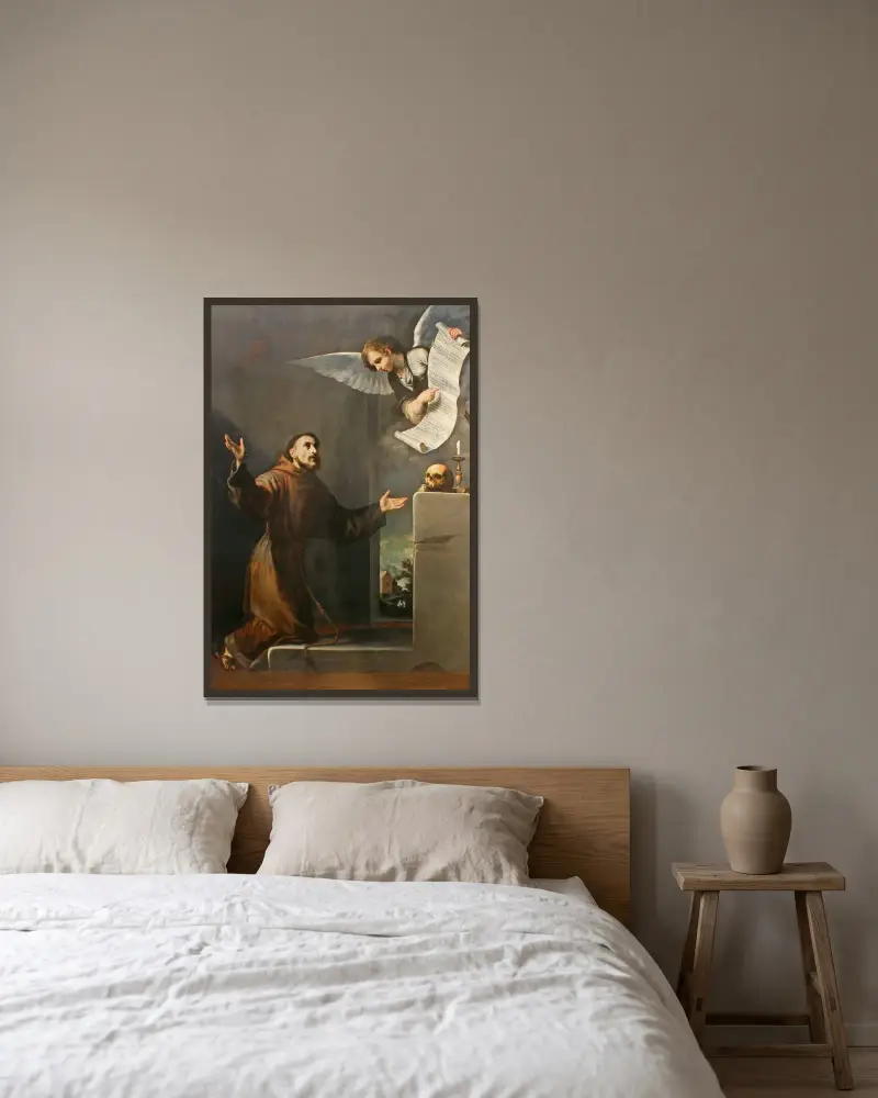 Den helige Franciskus tar emot de sju privilegierna från ängeln av Jusepe de Ribera inramad på en vägg