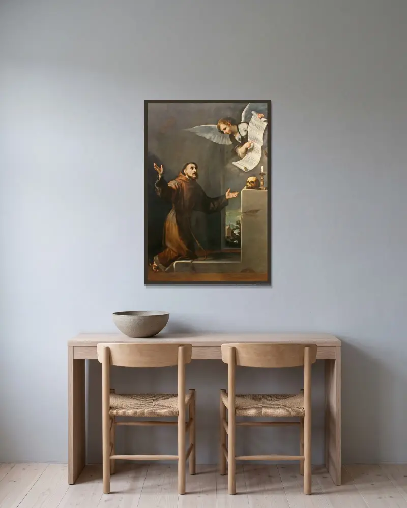 Den helige Franciskus tar emot de sju privilegierna från ängeln av Jusepe de Ribera inramad på en vägg