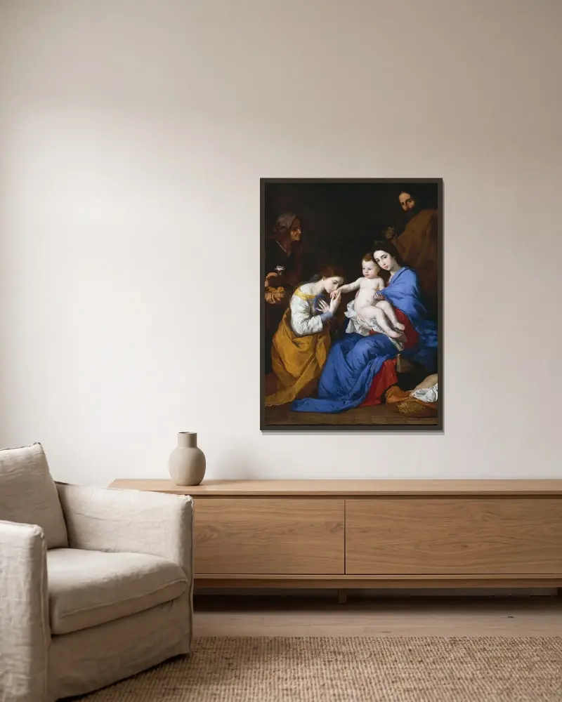 Die Heilige Familie mit der heiligen Anna und der heiligen Katharina von Alexandrien von Jusepe de Ribera gerahmt an einer Wand
