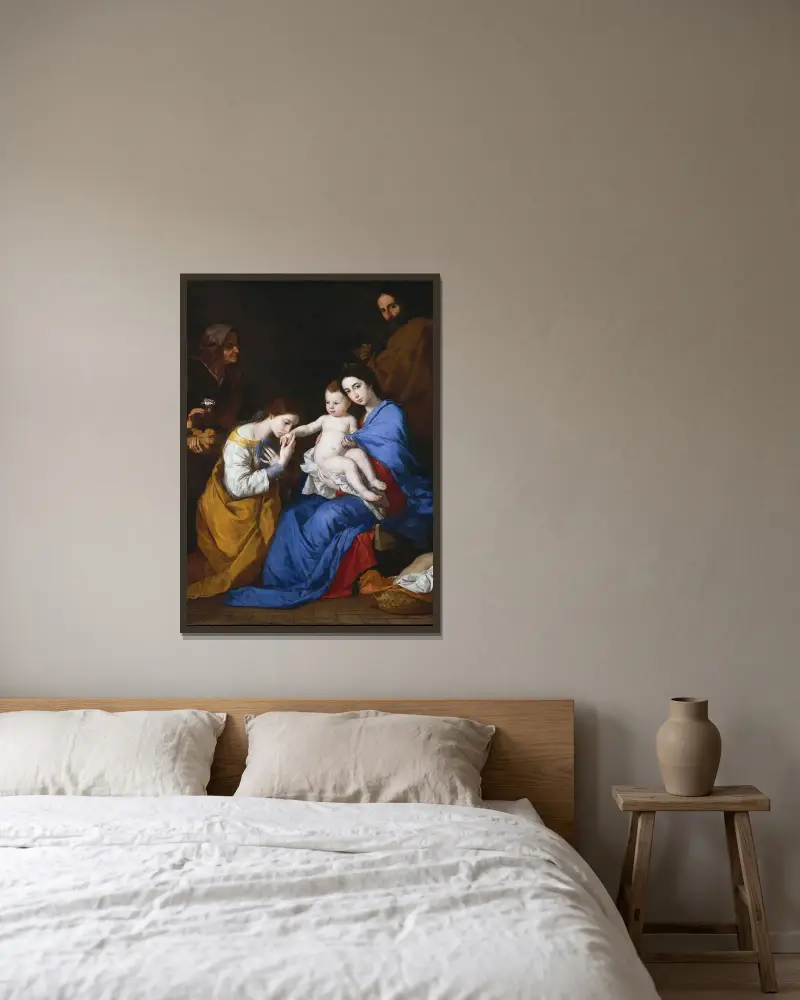 Die Heilige Familie mit der heiligen Anna und der heiligen Katharina von Alexandrien von Jusepe de Ribera gerahmt an einer Wand