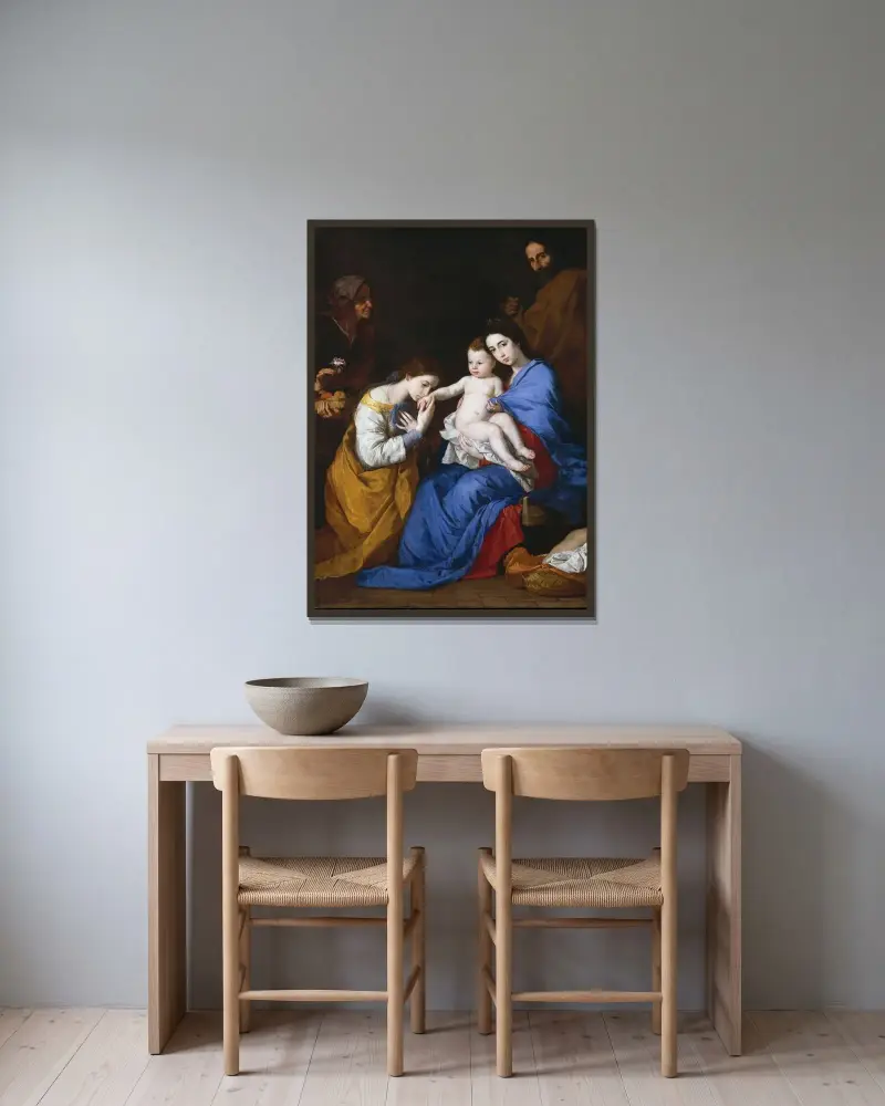 Die Heilige Familie mit der heiligen Anna und der heiligen Katharina von Alexandrien von Jusepe de Ribera gerahmt an einer Wand