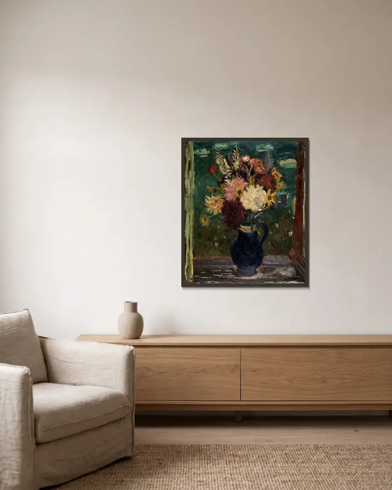 Blommor i vas av Gustave De Smet inramad på en vägg
