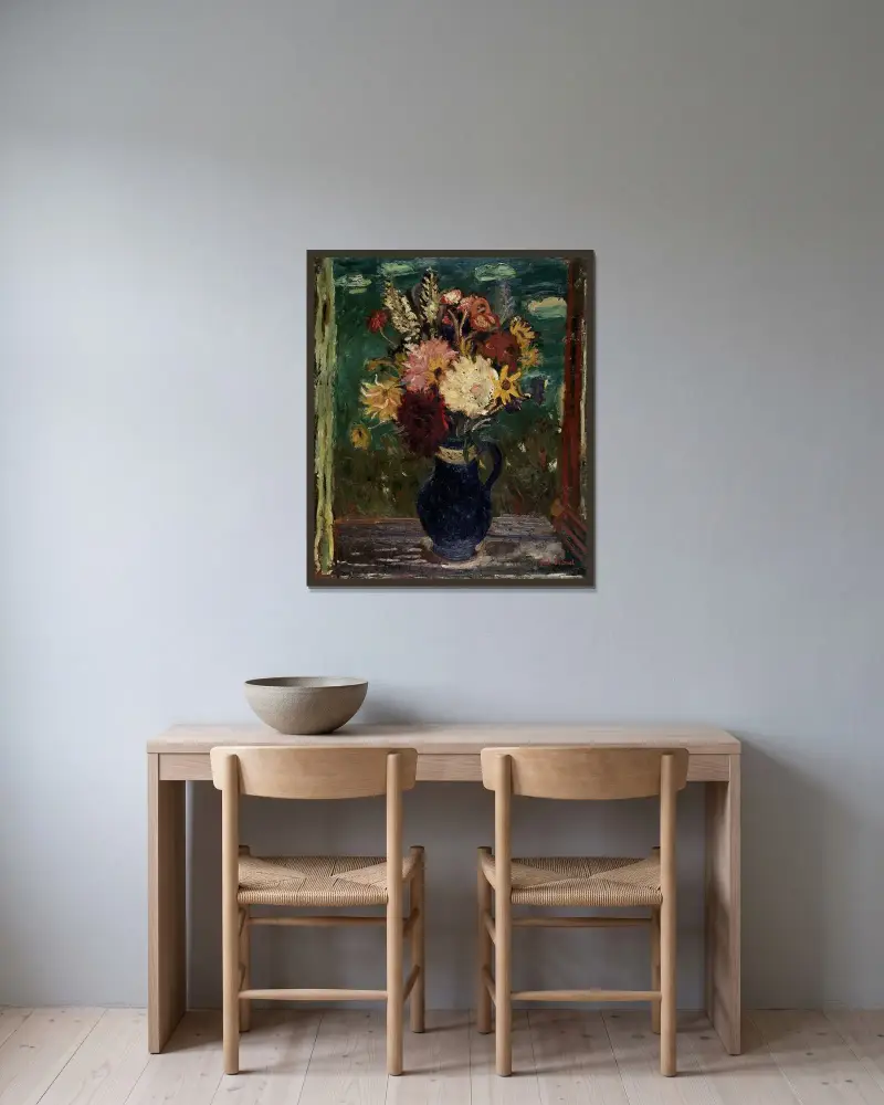 Blommor i vas av Gustave De Smet inramad på en vägg