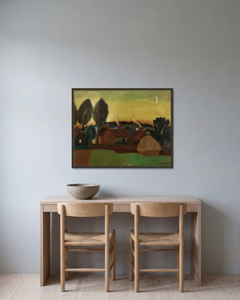 Landskap om kvällen av Gustave De Smet inramad på en vägg