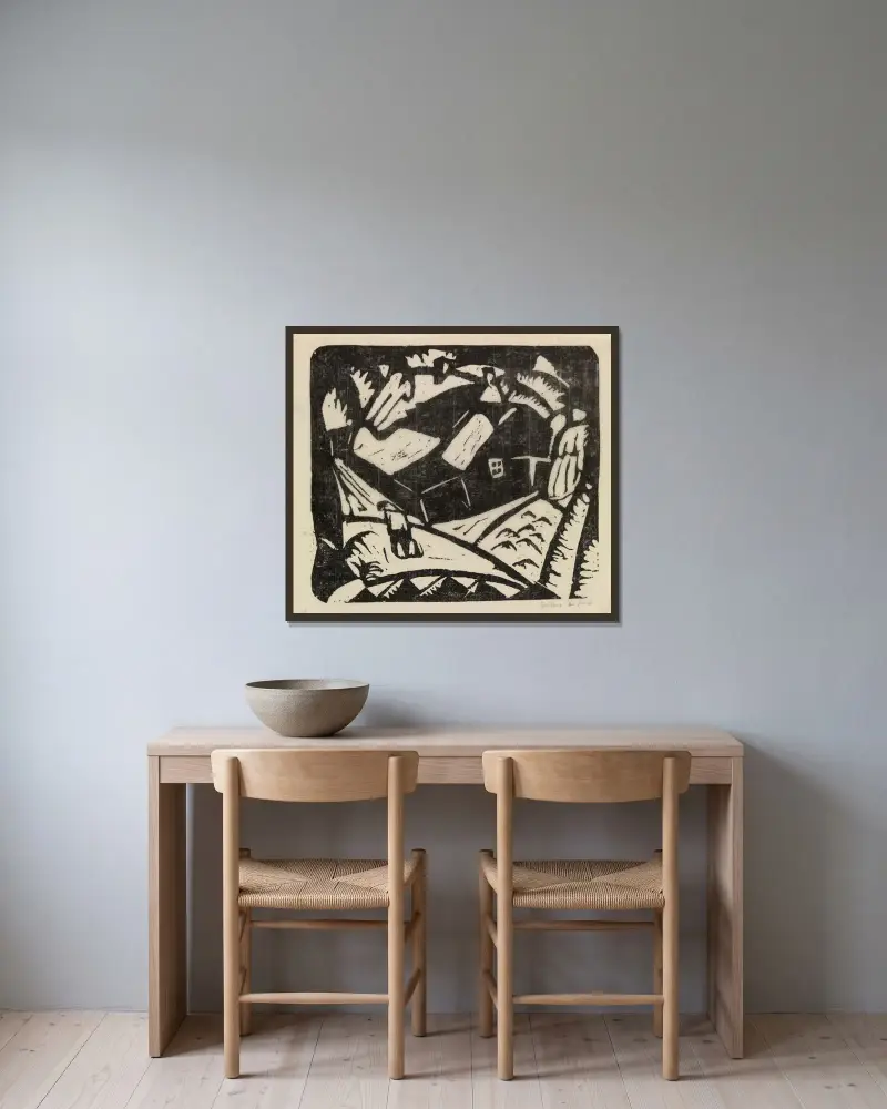 Landskap med potatisplockare av Gustave De Smet inramad på en vägg