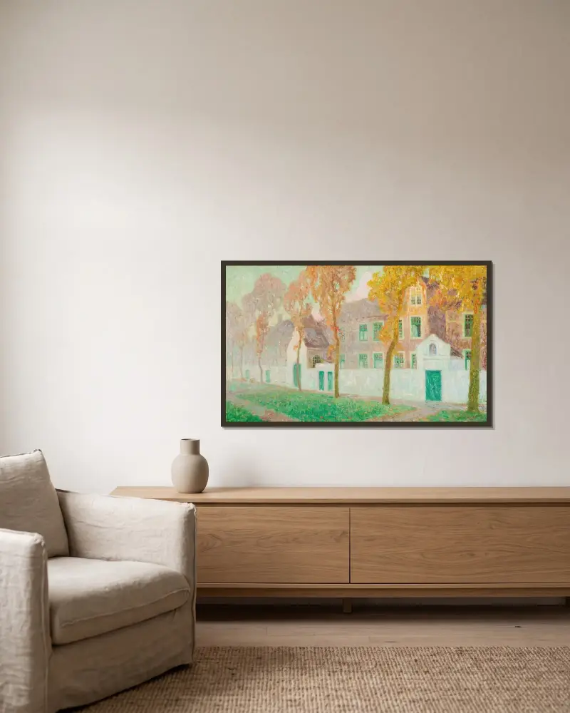 Béguinage i Brygge av Gustave De Smet inramad på en vägg