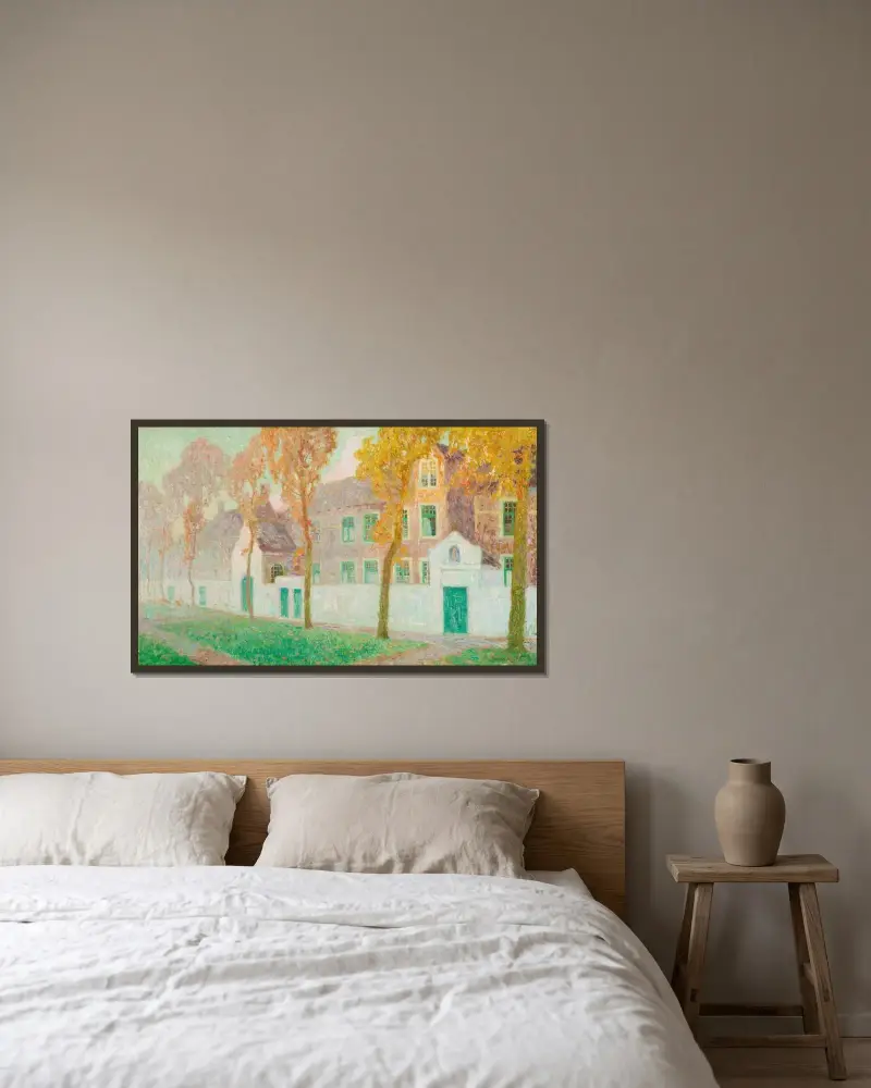 Béguinage i Brygge av Gustave De Smet inramad på en vägg