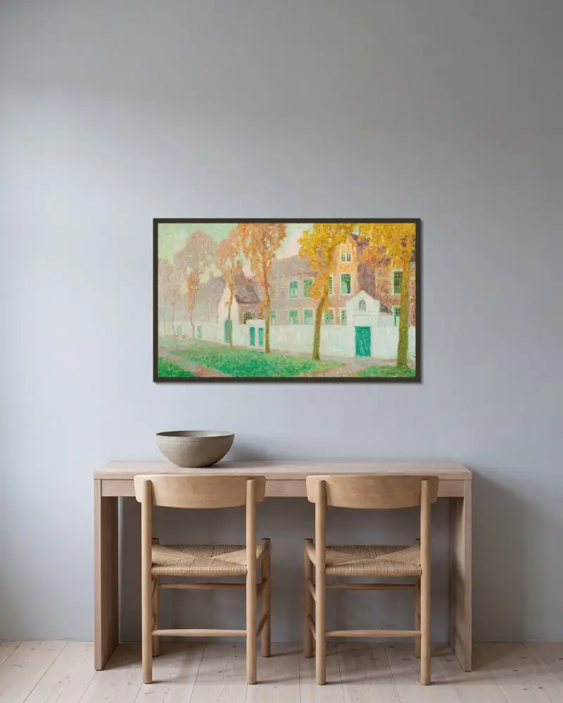 Béguinage i Brygge av Gustave De Smet inramad på en vägg