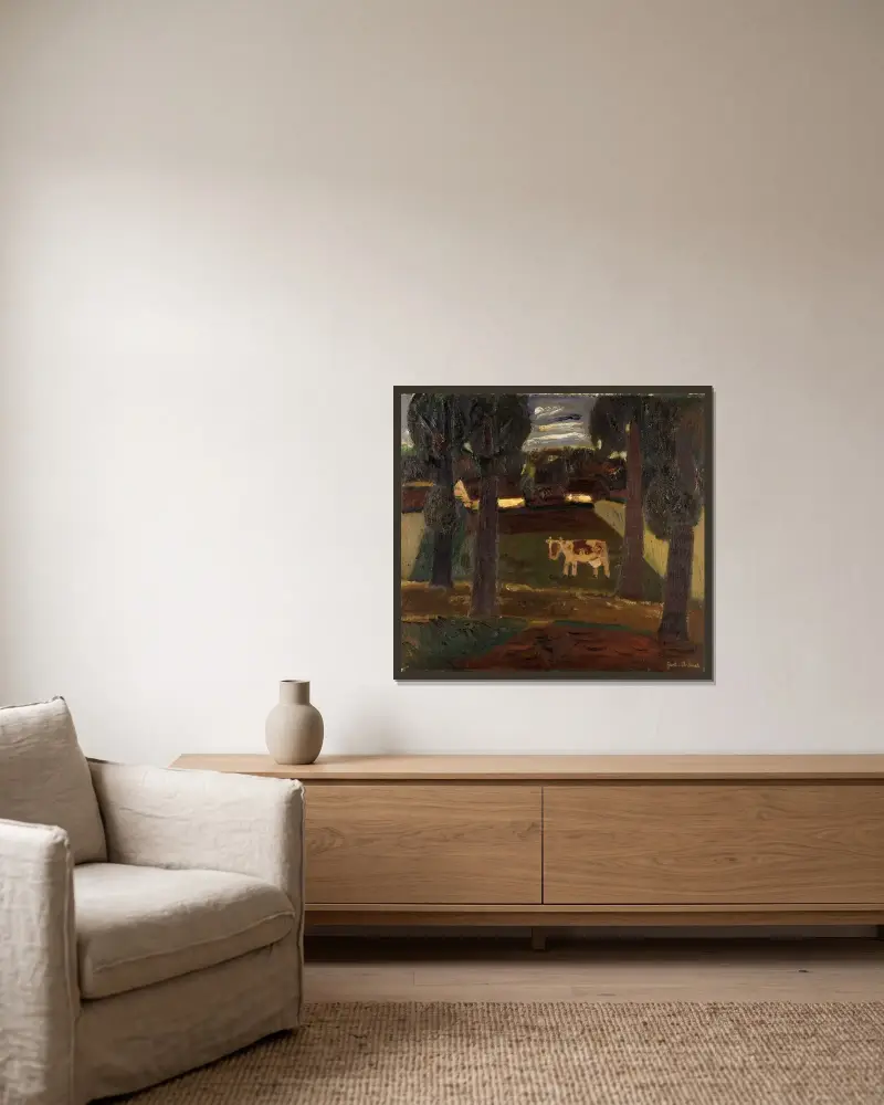 Ängar och en bondgård av Gustave De Smet inramad på en vägg