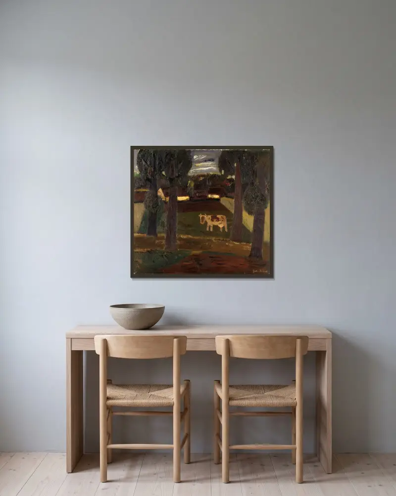 Ängar och en bondgård av Gustave De Smet inramad på en vägg