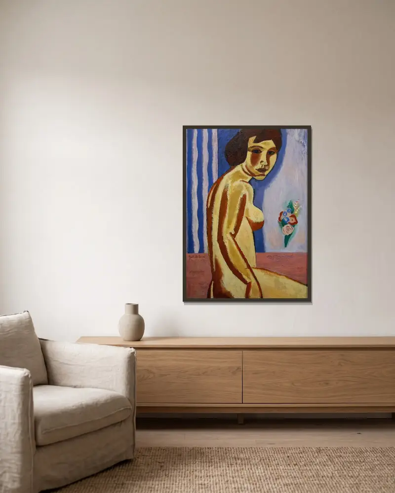 Naken kvinna med blombukett av Gustave De Smet inramad på en vägg