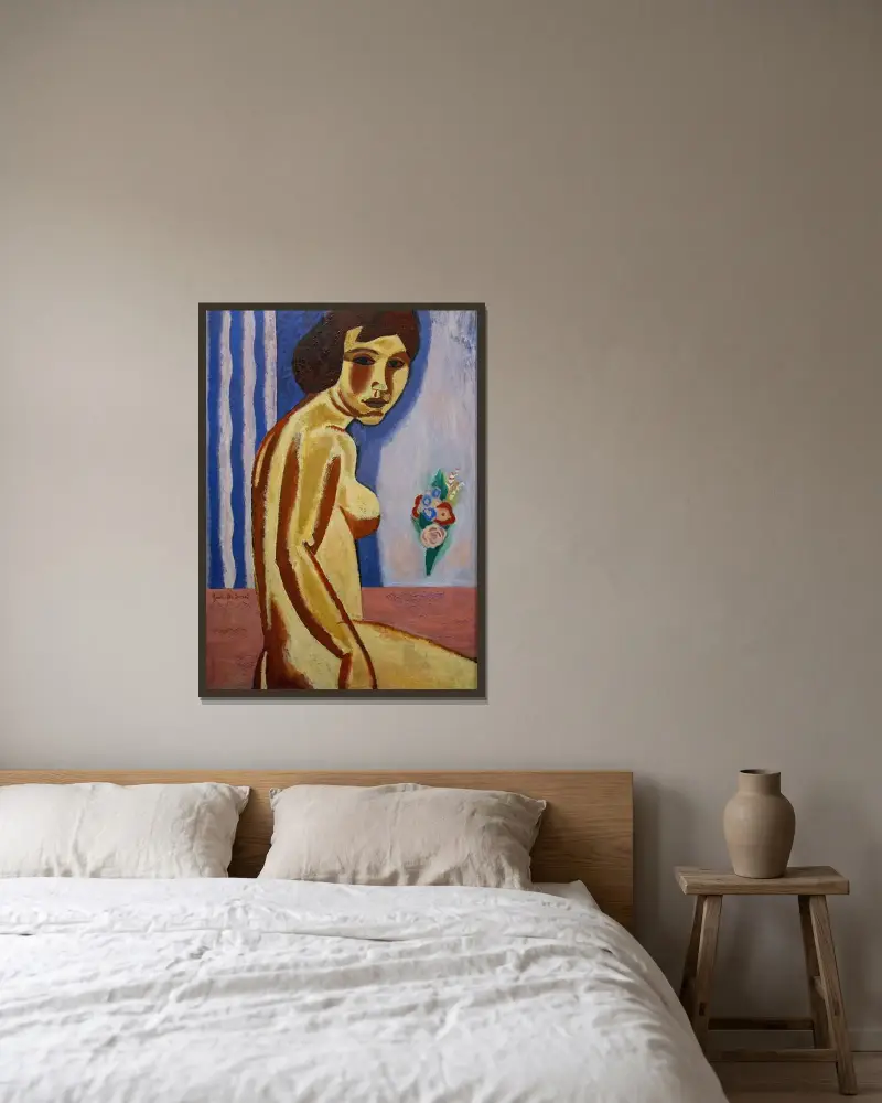 Naken kvinna med blombukett av Gustave De Smet inramad på en vägg
